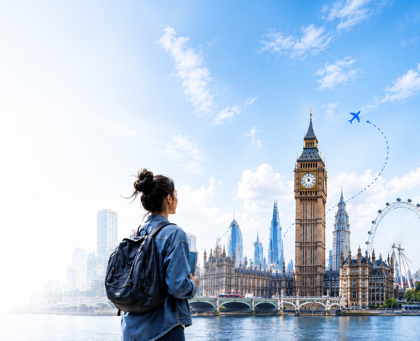 A student looking out over a city skyline abroad